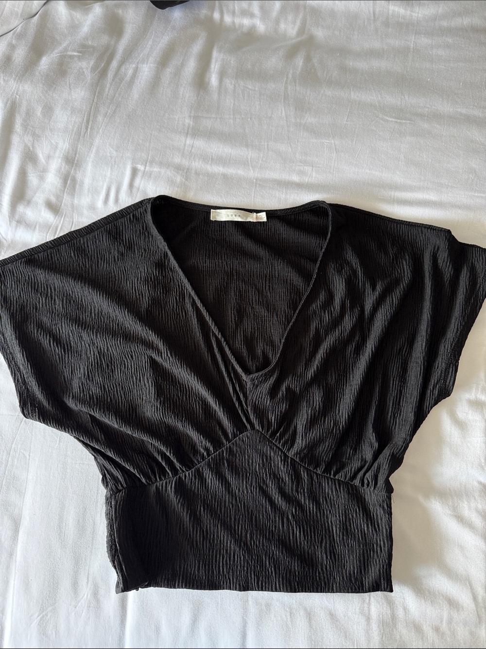 Lush Black Textured V-Neck Crop Top
